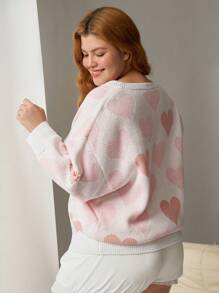 SHEIN EZwear 大码粉色心形图案V领舒适宽松针织套头衫，适合情人节穿着 - 粉色 - 查看 2