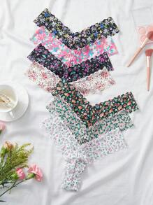 Shein Underwear&Sleepwear Basics Set de 7 bragas con tanga T-back de encaje, diseño floral romántico francés