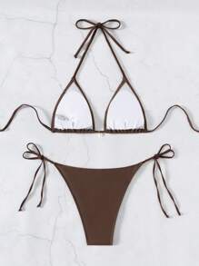 Swim SXY Conjunto de bikini de triángulo con tiras de atar en el cuello, de unicolor y sexy para mujeres - Café integral - Ver 8