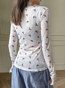 DAZY Women's Bow Print Mock Neck Fitted Sheer Blouse, White, Spring/Summer/Autumn