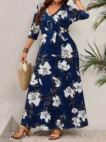 EMERY ROSE Vestido casual de manga larga con escote en V y estampado floral para tallas grandes - Azul Marino - Ver 1