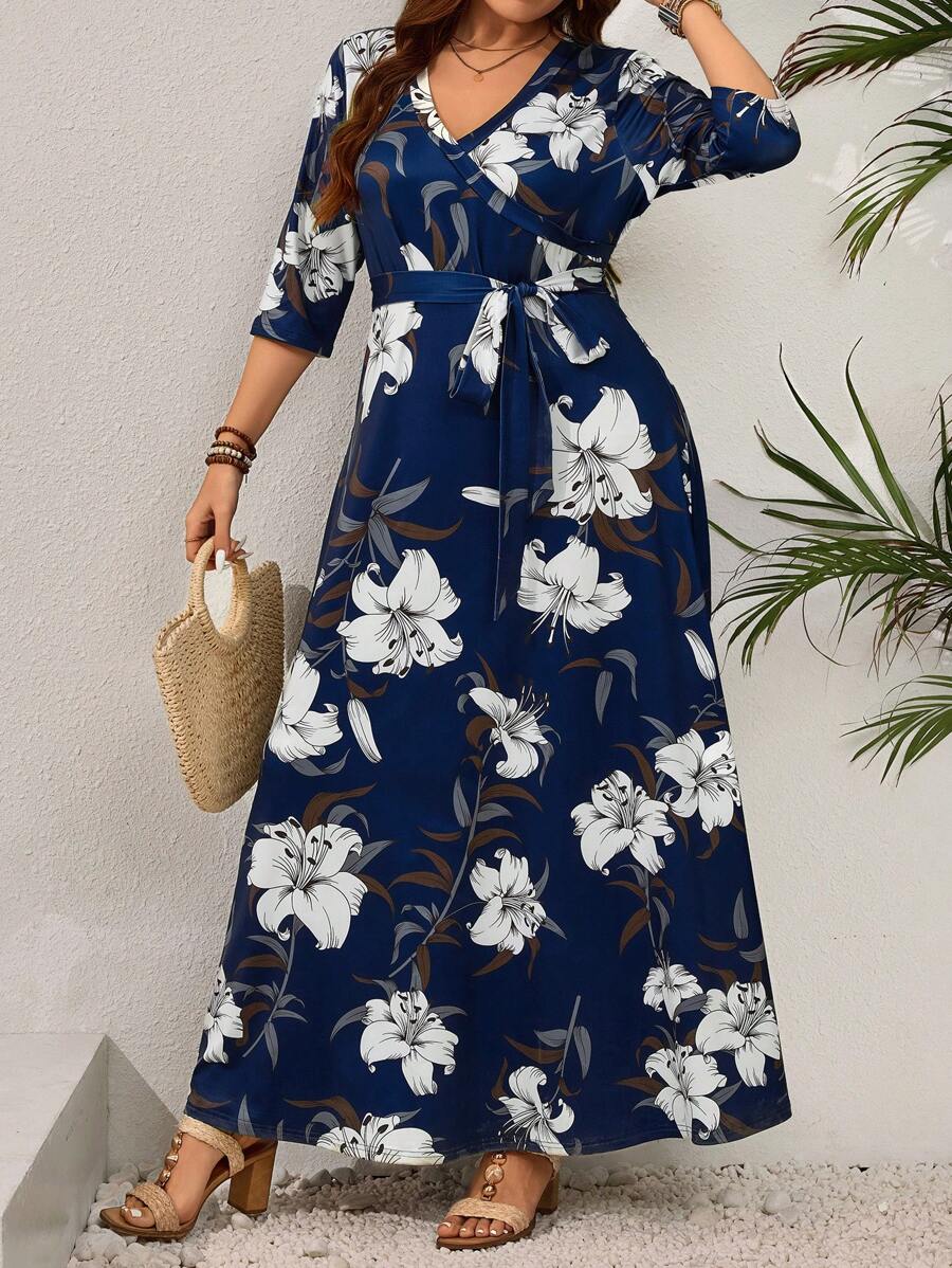 EMERY ROSE Vestido casual de manga larga con escote en V y estampado floral para tallas grandes - Azul Marino - Ver 1