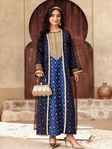 SHEIN Teen Girl Black & Gold Elegant Luxury Long Dress With Gold Ribbon & Mesh Cardigan 2 Pieces Set - Black - View 8