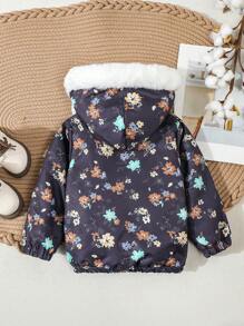 Baby Girl Autumn/Winter Warm Thermal Lined Hooded Outerwear With Ditsy Floral Pattern, Suitable For Outdoor Black Jacket - Multicolor - View 2