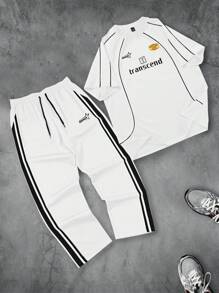 Manfinity Streetrush 2pcs/Set Men's Casual Athletic Colorblock Straight Leg Pants & Letter Print T-Shirt Outfit,Turtleneck Men,Men Two Pieces Outfits