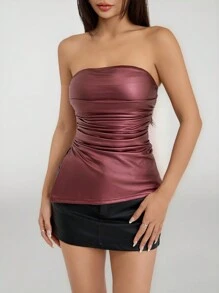 SHEIN PETITE Fashionable Solid Color Ruched Fitted Asymmetric Hem Bandeau Top - Burgundy - View 1