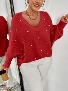 Celure Plus Size Women Loose Batwing Sleeve Beaded Knitted Sweater, Casual Pullover For Autumn & Winter