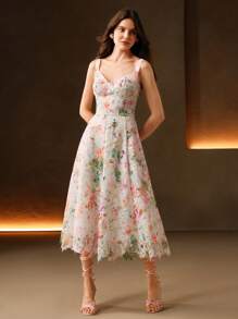 Anewsta 女士优雅花卉蕾丝荷叶边下摆无袖连衣裙，适合春夏季度假、早午餐装 - 彩色 - 查看 3