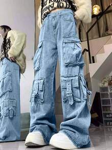 Pantalones rectos de pierna ancha con bolsillos anchos y pesados para mujer - Lavado ligero - Ver 4