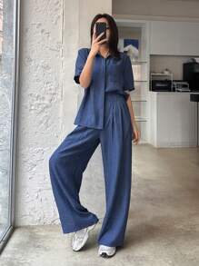 DAZY 女士纯色短袖衬衫长裤两件套，蓝色，春夏款，教师休闲套装