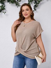 SHEIN Clasi Women Plus Size Summer Solid Color Crew Neck Batwing Sleeve Knot Hem Waffle Casual T-Shirt