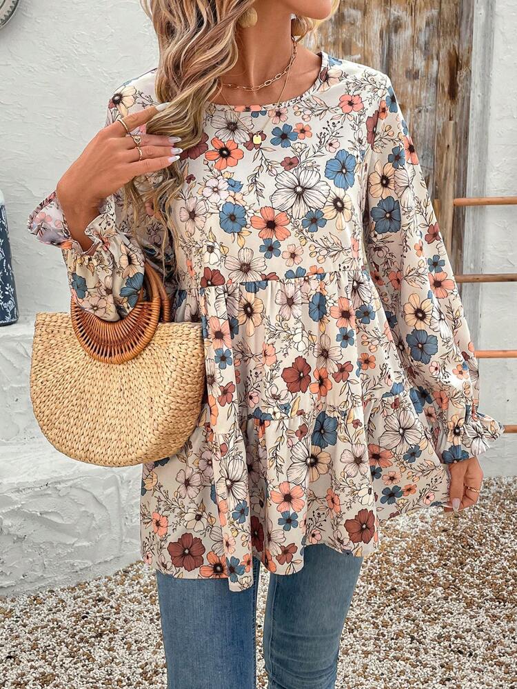 Women's Floral Print Ruffle Hem Loose Fit Round Neck Long Sleeve Blouse, Vacation Spring Clothes