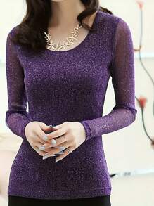 SHEIN Clasi 女士长袖圆领修身休闲 T 恤，简约时尚，适合日常穿着 - 紫色 - 查看 1