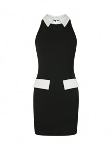 Elenzga Women Collared Color Block Black And White Fitted Mini Dress - Black - View 3