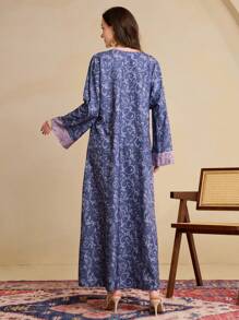 Al Najma 2025 年春季新款印花花卉长袖宽松宽下摆长款开衫 - 紫色 - 查看 2