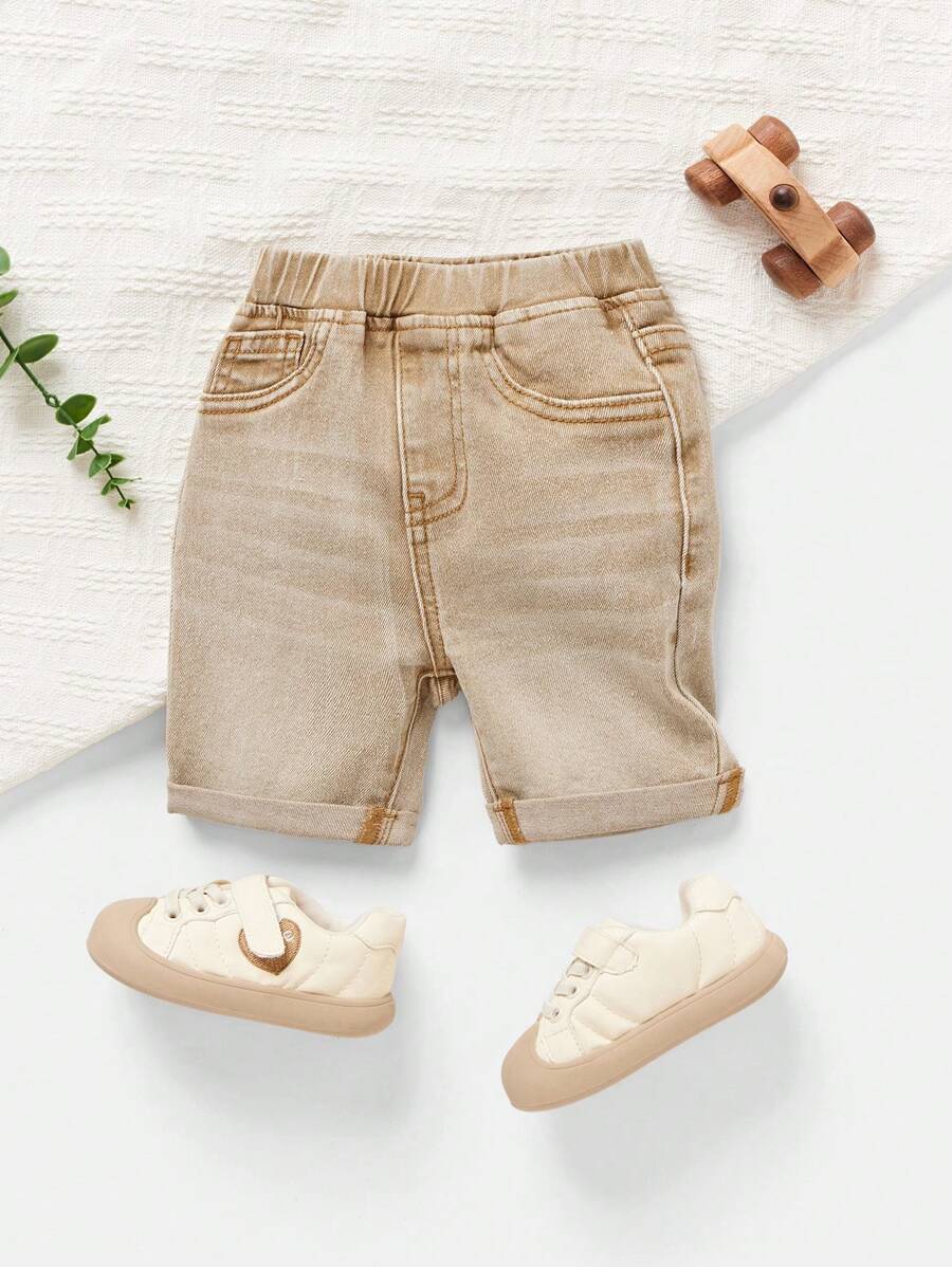 SHEIN Quần short denim lưng thun co giãn màu trơn cho bé trai - Màu Khaki - Xem 1