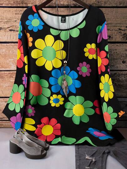 Plus Size Women Vibrant Floral Print Long Sleeve Round Neck T-Shirt