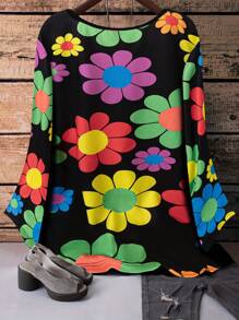 大码女式鲜艳花卉印花长袖圆领 T 恤