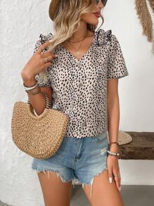 Breezaya Luipaardprint V-hals korte mouw casual shirt, minimalistische en modieuze dagelijkse kleding