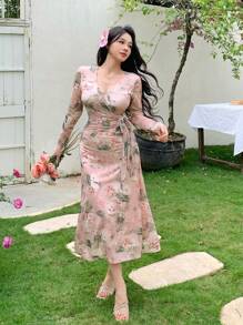 DAZY 女士印花修身收腰中长连衣裙度假装扮 - 粉色 - 查看 6