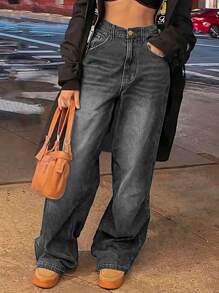 女士休闲洗水阔腿牛仔裤