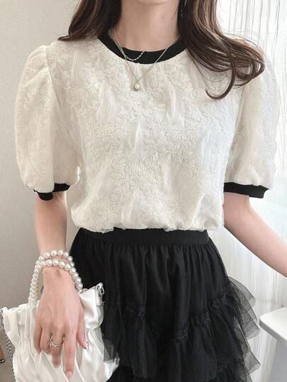 FRIFUL 女士圆领泡泡袖宽松撞色拼接衬衫