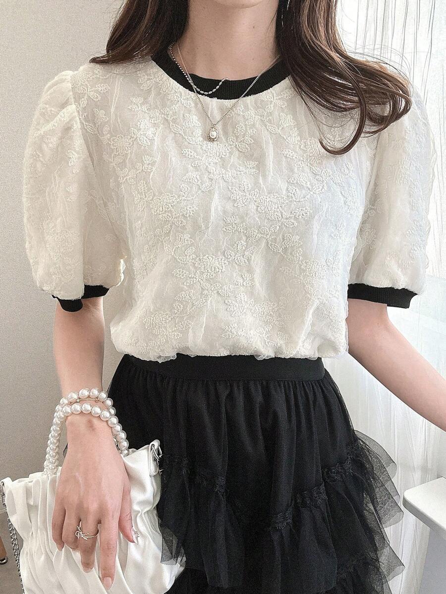FRIFUL 女士圆领泡泡袖宽松撞色拼接衬衫 - 白色 - 查看 1
