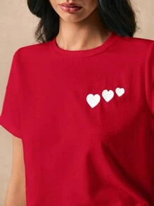 Poéselle Mujer Camiseta De Manga Corta Con Corazones Estampados - Rojo - Ver 2