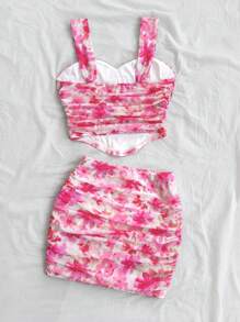 Soleia Women Pink Tie Dye Ditsy Floral Bodycon Camisole And Mini Skirt Two-Piece Set, Suitable For Vacation, Date, Afternoon Tea, Party Valentine's Day