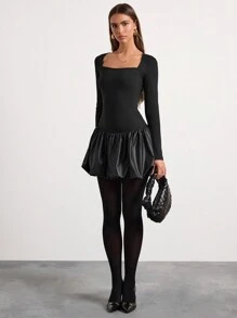 Glamine Women's Autumn/Winter Sweetheart Collar Ruffle Trim Fitted Dress Fall Cloth For Women - Black - View 3