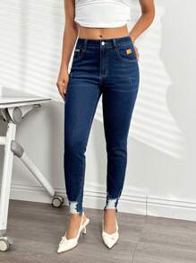 SHEIN Essnce 女士休闲破洞修身牛仔裤 - 藍色 - 查看 6