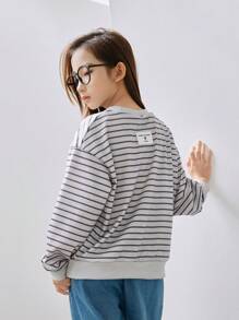 Tween Girls Casual Street Style Sporty Cool Round Neck Long Sleeve Striped Sweatshirt + Loose Fit Denim Long Pants Set - Grey - View 5