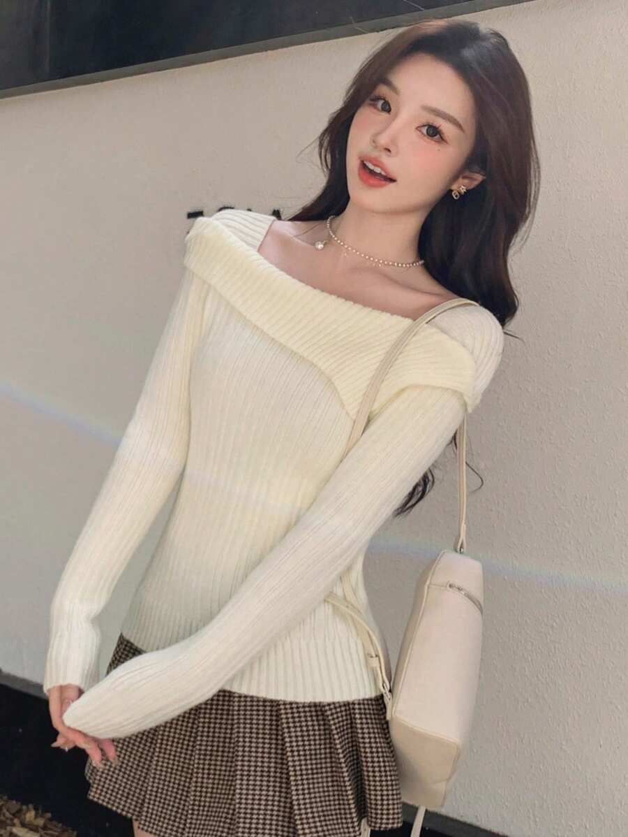 DAZY 1pc Women Off-Shoulder Knit Sweater Casual Long Sleeve Off Shoulder Sweater,Fall Women Clothes - Apricot - View 1