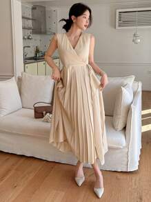 DAZY Robe mi-longue élégante pour femmes, de couleur unie, avec un ourlet plissé et sans manches, pour les jours ensoleillés