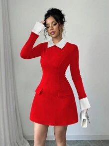 Elenzga 冬季女士撞色领长袖仿口袋优雅短款连衣裙