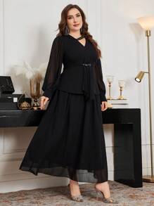Modelyn Plus Size Women Asymmetrical Collar Mesh Long Sleeve Shirt And A-Line Skirt Elegant 2 Pieces Set