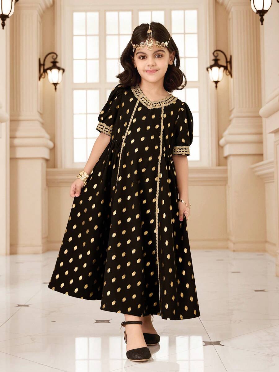 Young Girls' Abaya Kaftan Jalabiya Tunic, Elegant & Arabic Ramadan Festival Dress With Glitter Polka Dots, Tassels Headscarf, Floor-Length Dress - Multicolor - View 1