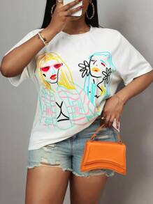 Slaydiva Plus Size Summer 2025 New Style Casual White Short Sleeve All-Match Versatile Abstract Line Pattern Printed T-Shirt