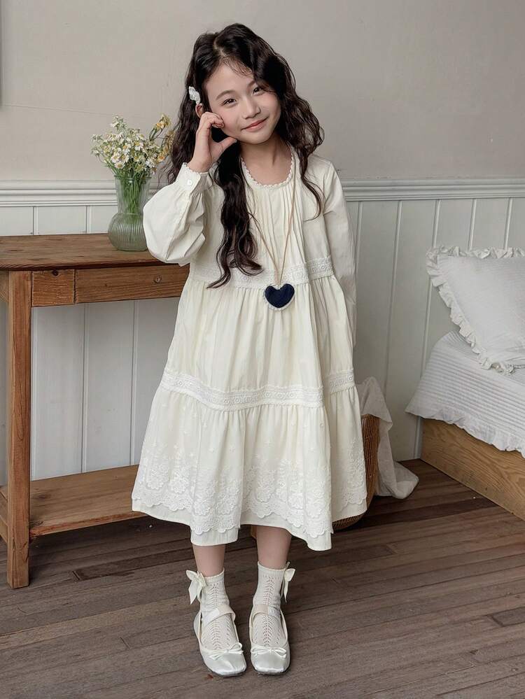 Mid-Length A-Line Princess Lace Patchwork Solid Color Round Neck Long Sleeve Tween Girl Dress
