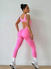 Slayform 女士罗纹露背瑜伽连体裤 - 粉色 - 查看 3