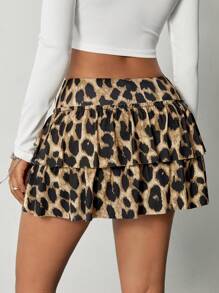 SHEIN EZwear Women's High Waist Layered Leopard Print Upskirt With Lining