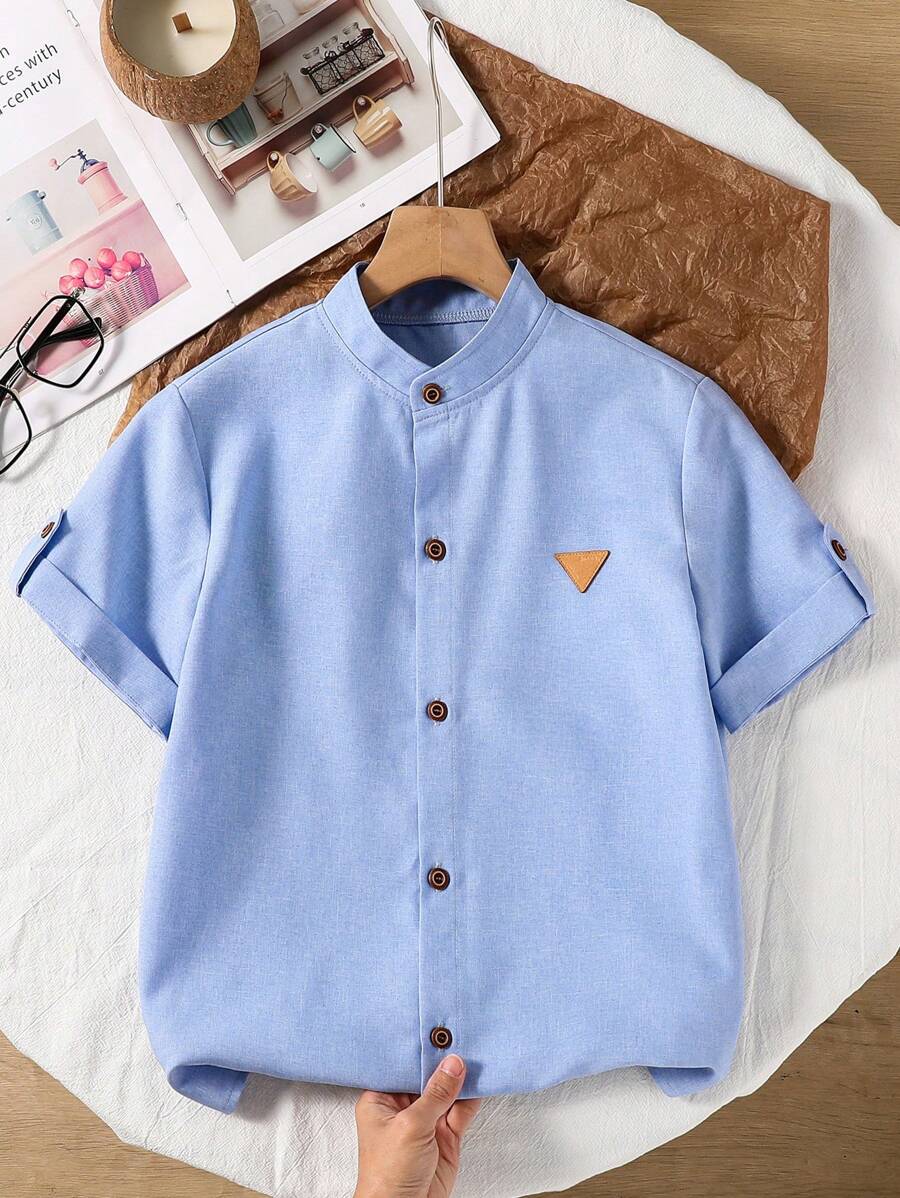 SHEIN Mirajuku 1pc Tween Boys' Stand Collar Gentleman Style Solid Blue Casual Short Sleeve Shirt, Spring/Summer Summer Holiday - Blue - View 1