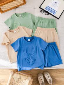 SHEIN Leap Crew 6件青年男孩服装休闲学院风舒适可爱针织卡通图案短袖T恤短裤高性价比多件套套装适合通勤上学日常休闲学院风