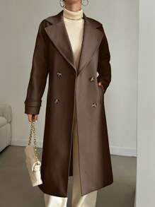 EURMUSE Áo khoác nữ trơn màu đơn giản cài hai hàng khuy, Thu/Đông - Màu nâu Sô-cô-la - Xem 4