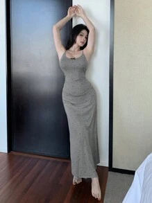 DAZY 蝴蝶结装饰圆点褶饰腰部设计紧身睡袍女士睡衣 - 灰色 - 查看 7