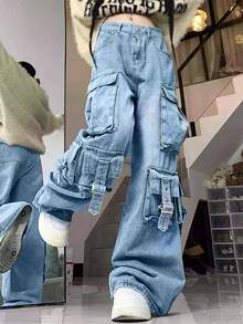 Pantalones rectos de pierna ancha con bolsillos anchos y pesados para mujer - Lavado ligero - Ver 3