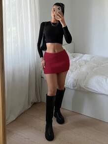 SHEIN EZwear Minifalda roja ajustada de unicolor para tallas grandes y sexy - Burdeos - Ver 4