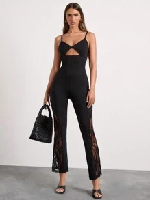 Glamine 女士细高跟吊带性感派对吊带纯色蕾丝拼接无袖喇叭连体裤，感恩节女士服装 - 黑色 - 查看 4