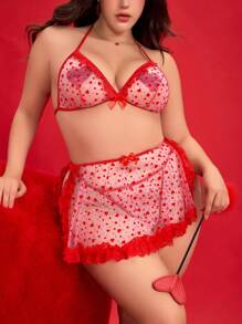 ROMWE Plus Size Romantic Valentine's Day Lace Patchwork Bow Sexy Open Front Lingerie Set - Red - View 1