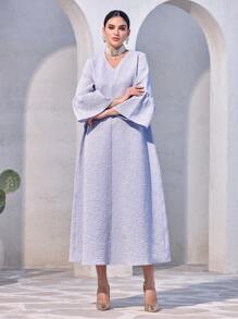 Al Najma Vestido árabe holgado con cuello en V, manga acampanada y estampado floral jacquard para mujer